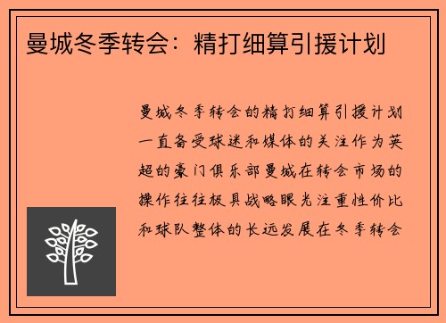 曼城冬季转会：精打细算引援计划