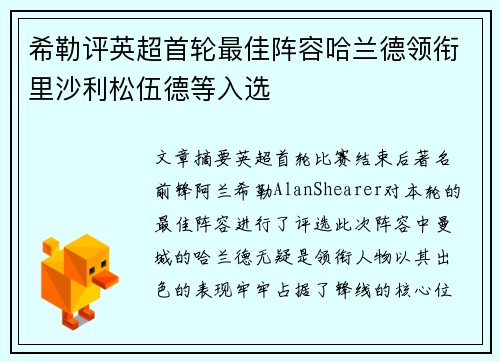 希勒评英超首轮最佳阵容哈兰德领衔里沙利松伍德等入选